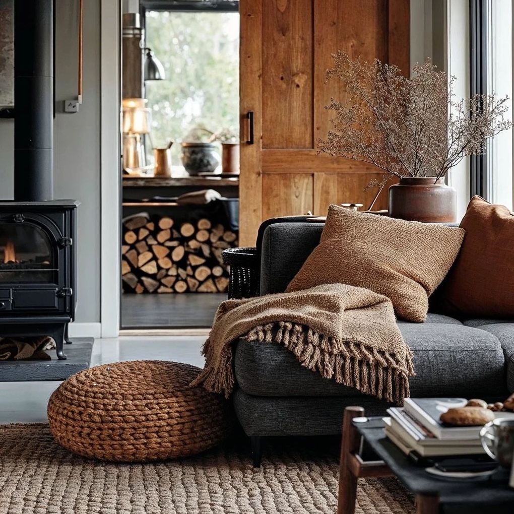 Espacio acogedor con velas, manta y taza caliente, inspirado en el estilo de vida hygge