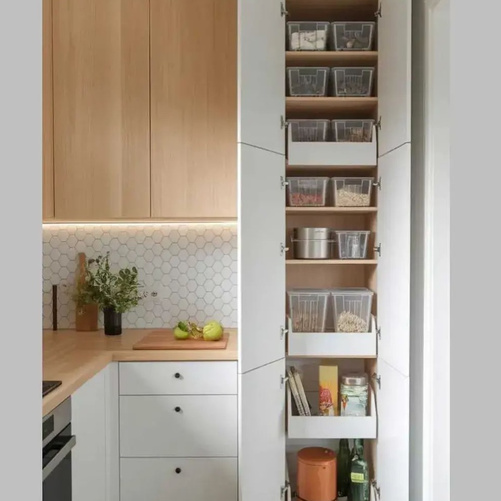 Cocina pequeña organizada con estantes y utensilios colgados
